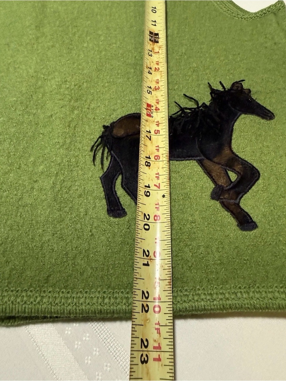 Lisa Int Vintage Green Vest with Black Fur RemovableCollar and Horse Appliqués - Picture 7 of 10